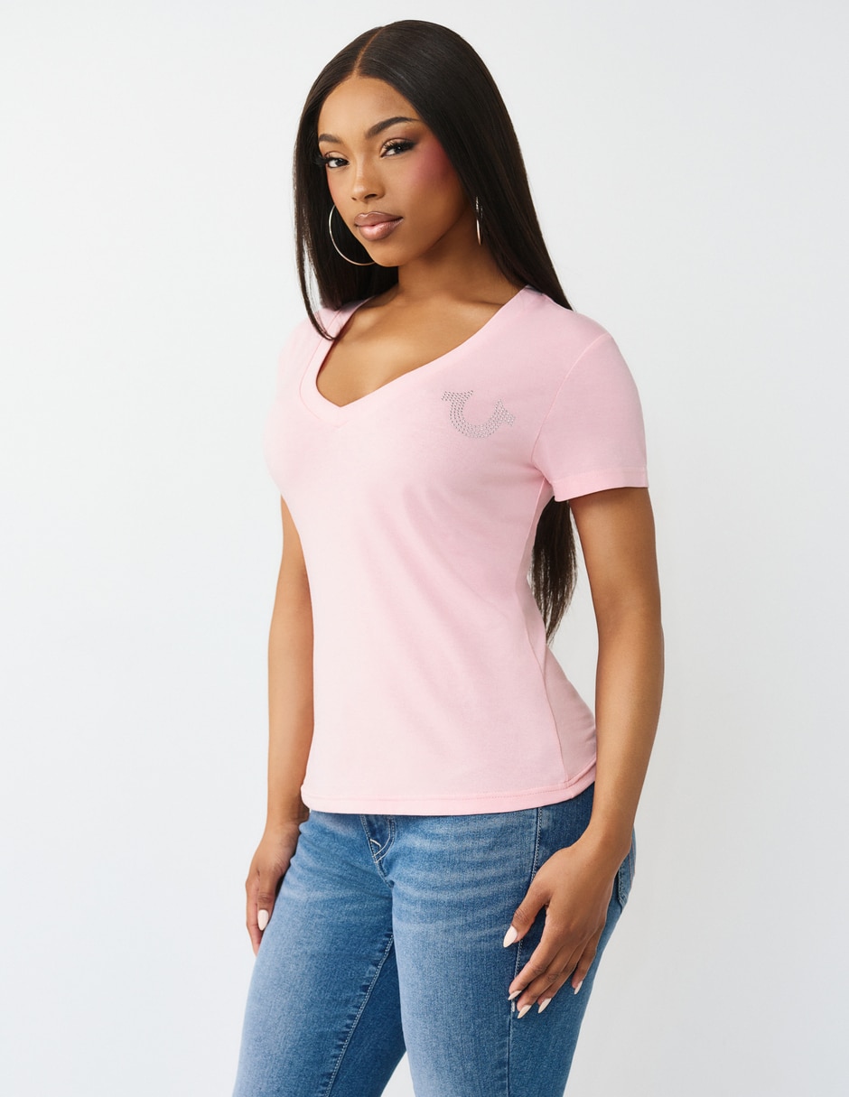 Playera manga corta cuello V para mujer