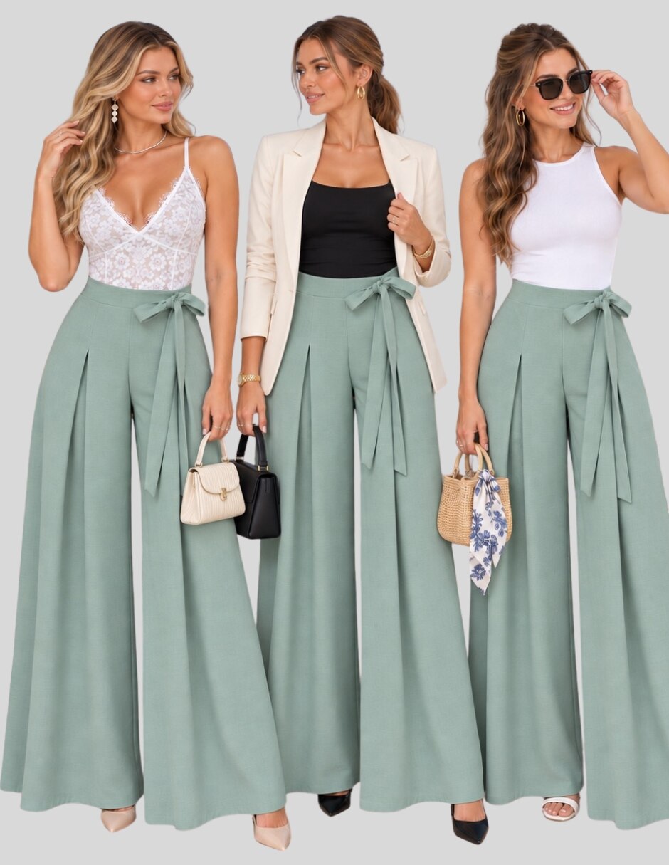 Pantalón Pantalón Palazzo para Mujer Tiro Alto con Lazo Pierna Ancha Elegante y Casual Amplio para mujer 6