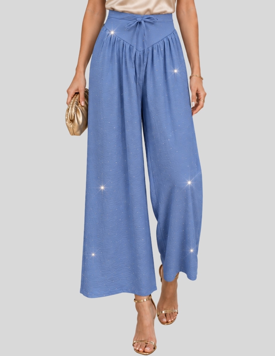 Pantalón Pantalón de Pierna Ancha con Brillos Tiro Alto y Lazo Elegante y Sofisticado para Mujer Acampanado para mujer