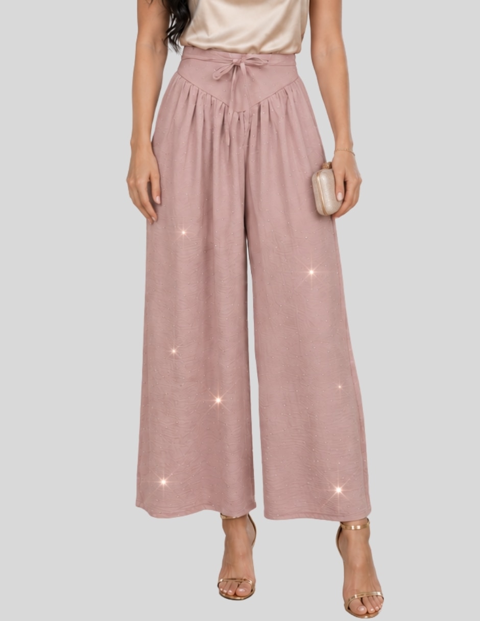 Pantalón Pantalón de Pierna Ancha con Brillos Tiro Alto y Lazo Elegante y Sofisticado para Mujer Acampanado para mujer 1