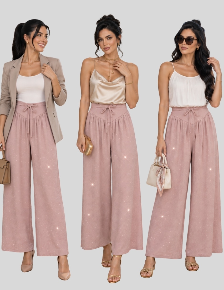 Pantalón Pantalón de Pierna Ancha con Brillos Tiro Alto y Lazo Elegante y Sofisticado para Mujer Acampanado para mujer 2