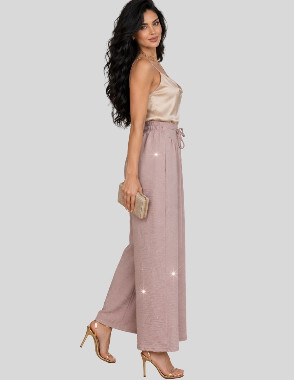 Pantalón Pantalón de Pierna Ancha con Brillos Tiro Alto y Lazo Elegante y Sofisticado para Mujer Acampanado para mujer 3