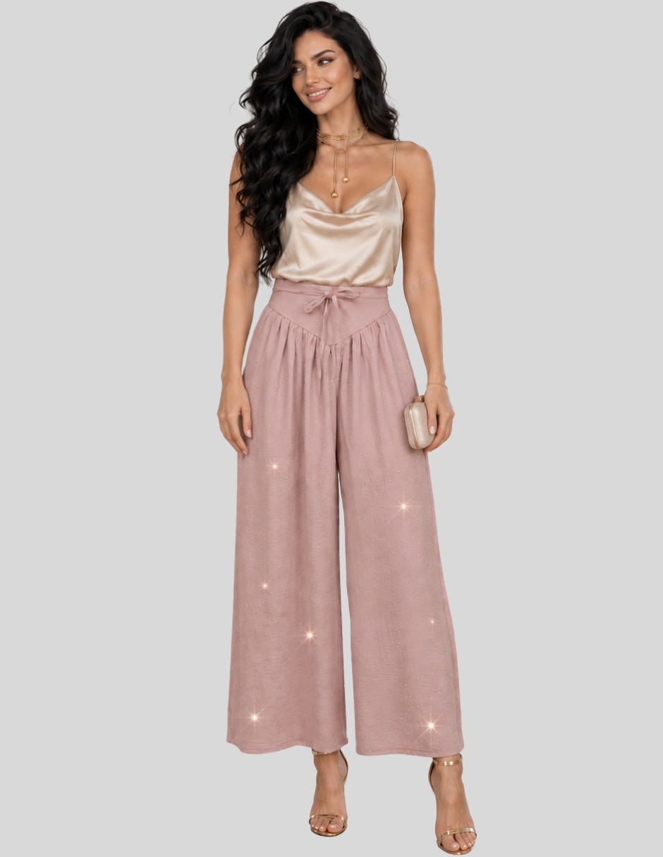 Pantalón Pantalón de Pierna Ancha con Brillos Tiro Alto y Lazo Elegante y Sofisticado para Mujer Acampanado para mujer 4