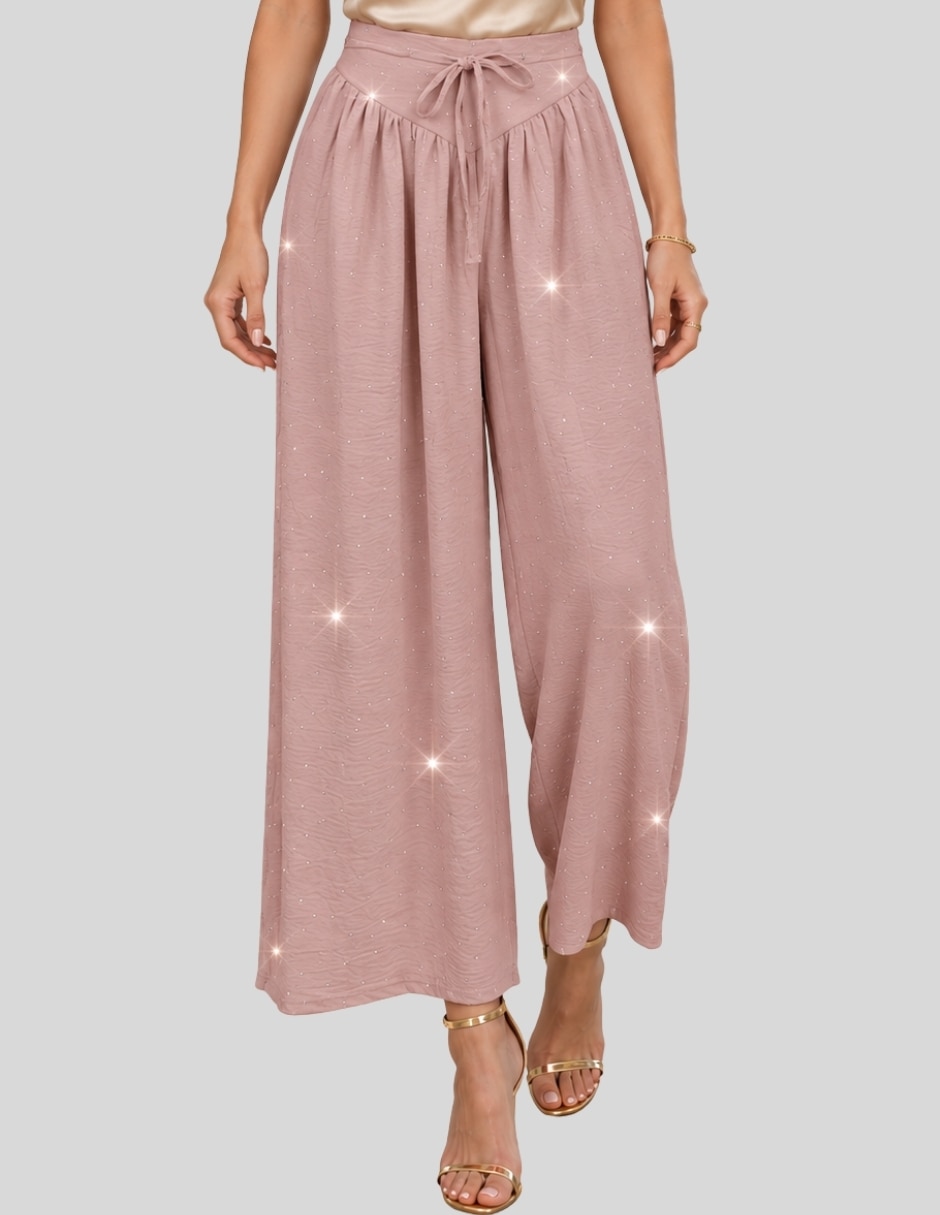 Pantalón Pantalón de Pierna Ancha con Brillos Tiro Alto y Lazo Elegante y Sofisticado para Mujer Acampanado para mujer 6