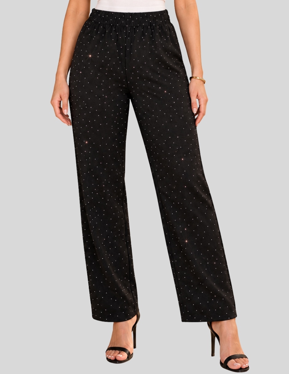 Pantalón Pantalón Wide Leg Verde Salvia con Destellos Brillantes y Cintura Elástica Recto para mujer 1