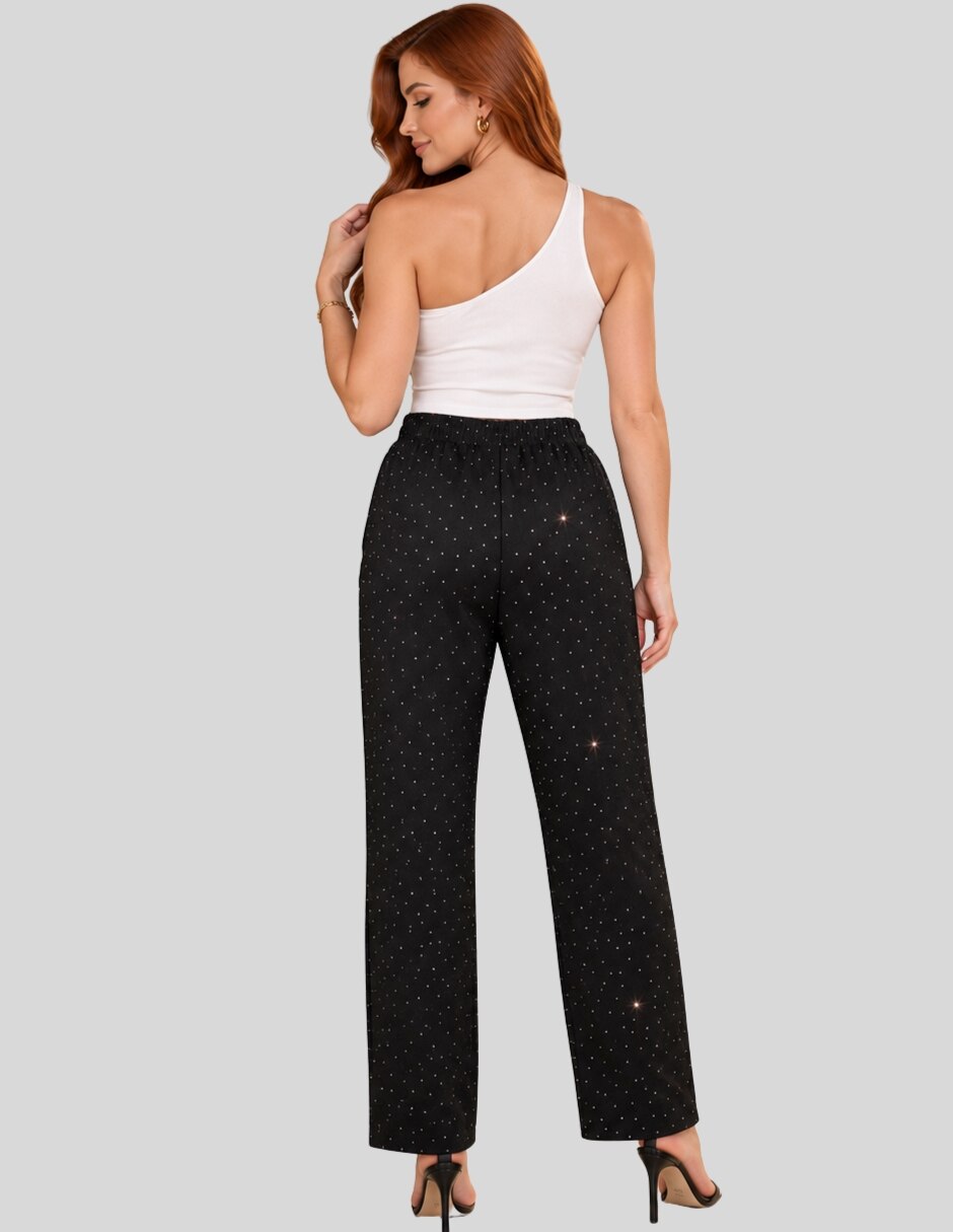 Pantalón Pantalón Wide Leg Verde Salvia con Destellos Brillantes y Cintura Elástica Recto para mujer 3