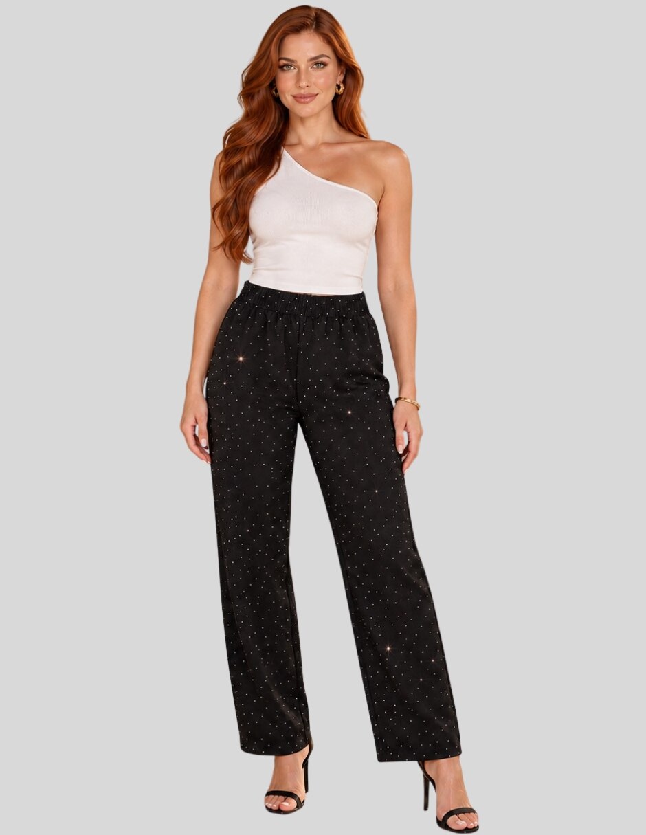 Pantalón Pantalón Wide Leg Verde Salvia con Destellos Brillantes y Cintura Elástica Recto para mujer 4