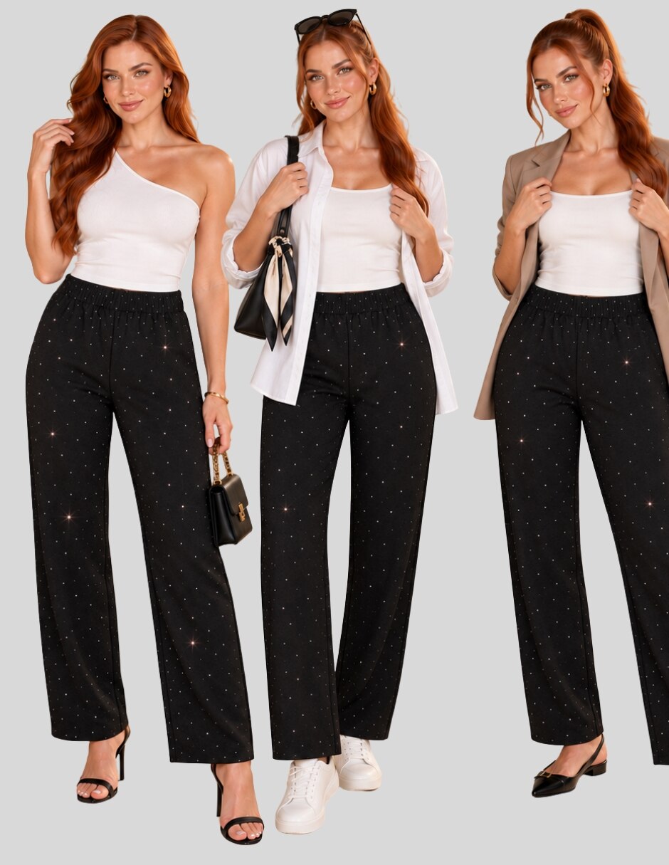 Pantalón Pantalón Wide Leg Verde Salvia con Destellos Brillantes y Cintura Elástica Recto para mujer 6